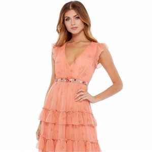 Mac Duggal Peach Tiered Ruffle V-Neck Dress with Embellished Waist